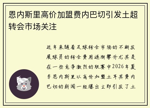 恩内斯里高价加盟费内巴切引发土超转会市场关注